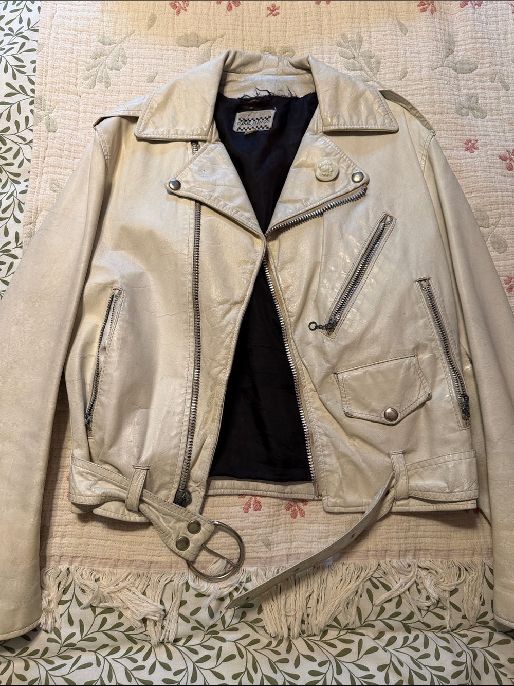 Women's Cream Leather Biker Jacket with Belt
